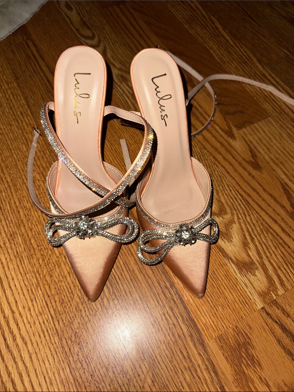 Lulu's Nude Satin Pointed Toe Bow Heels